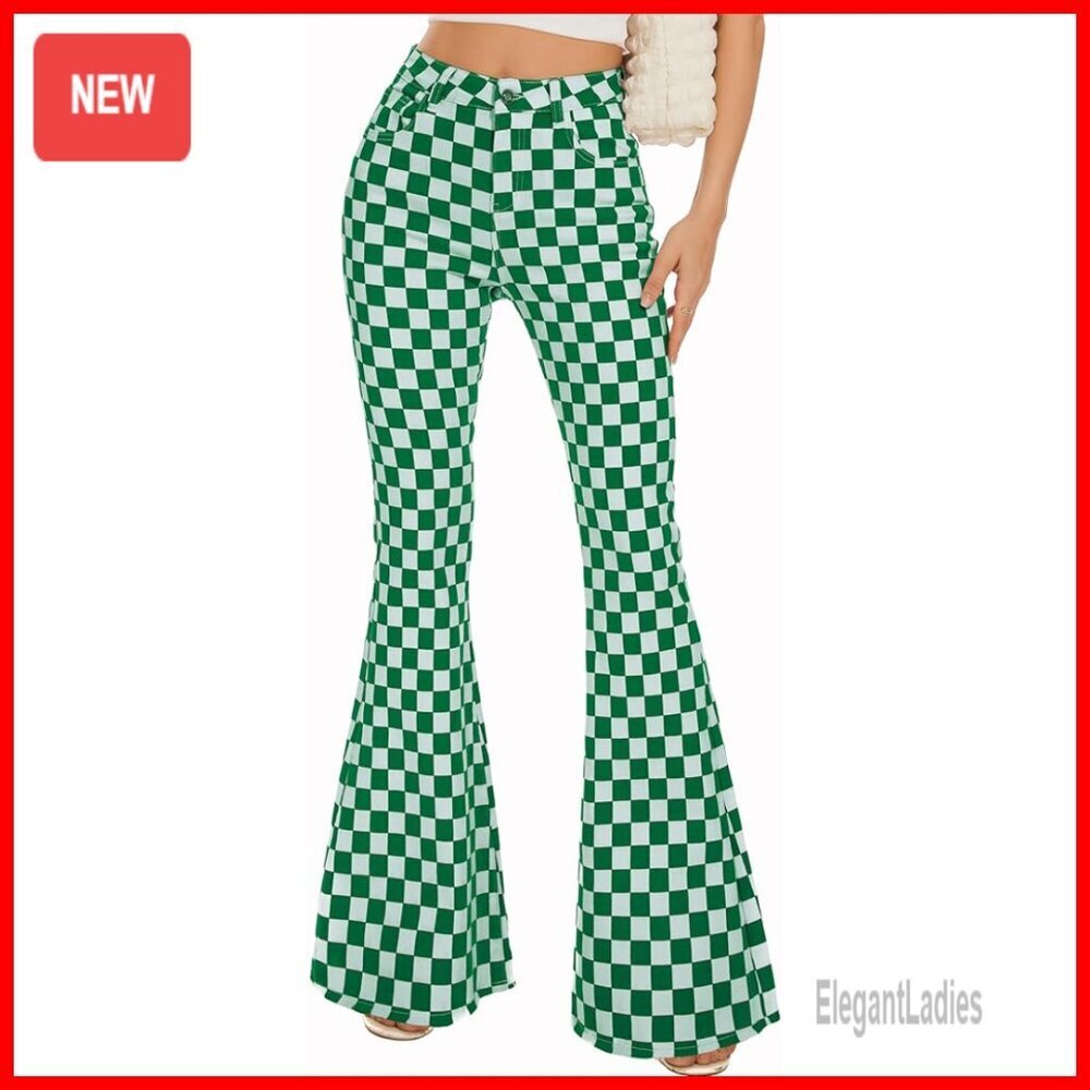 High Waisted Stretch Flare Jeans Bootcut Plaid Denim Pants Women's